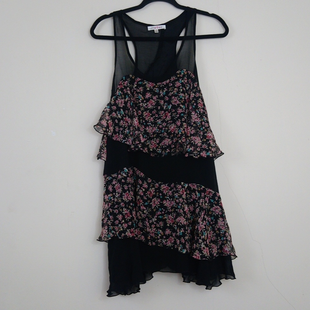 Spicy Girl Flowy Floral Tiered Ruffle Sheer Mini Dress